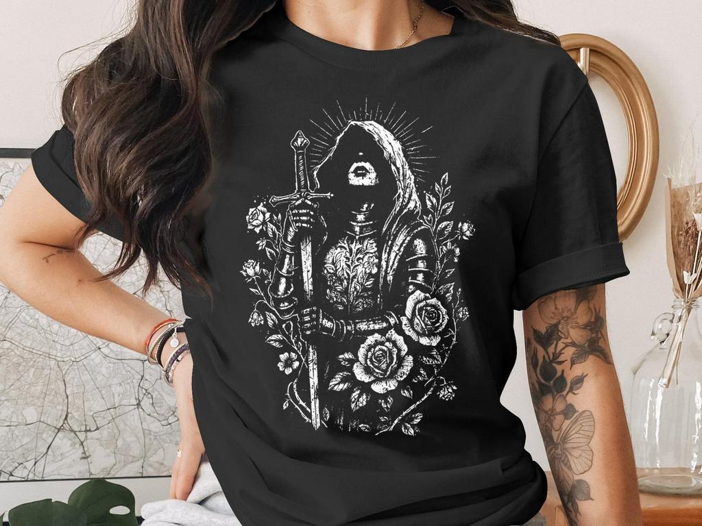 Gothic Knight T-Shirt, Dark Academia Sword and Roses Tee, Medieval Fantasy Warrior Shirt, Witchy Aesthetic Clothing, Occult Art Shirt Gift
