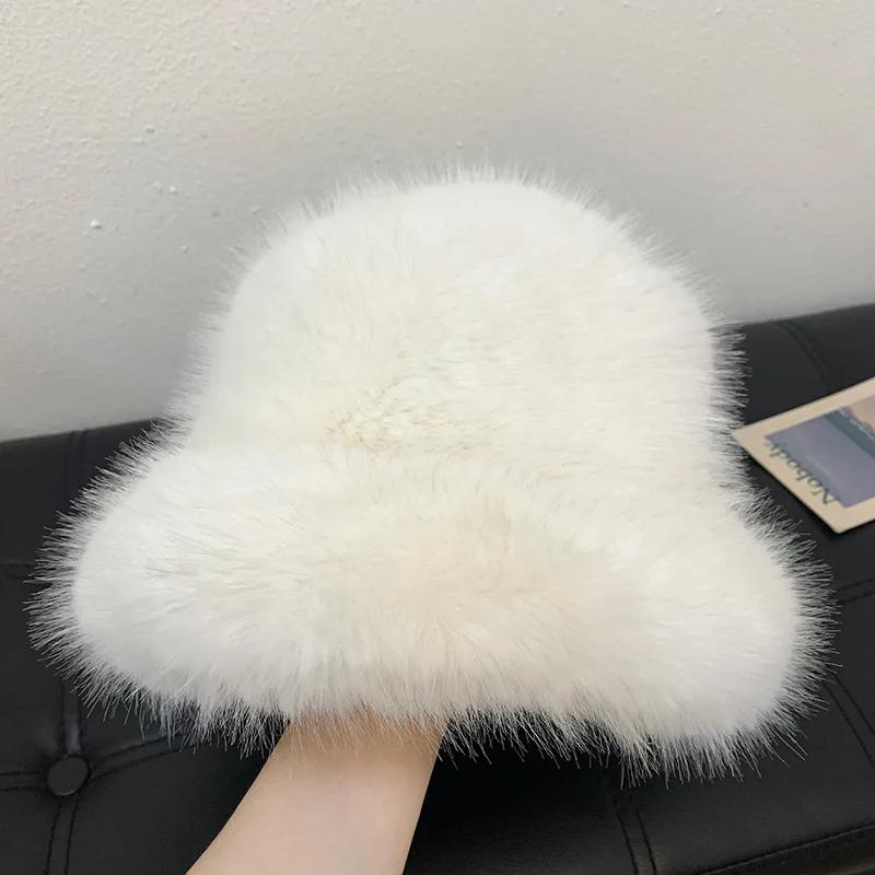 Fluffy Faux Fur Bucket Hats Women Rabbit Fur Warm Thick Plush Winter Hat Lady Fashion Luxury Panama Furry Fisherman Cap Y2K