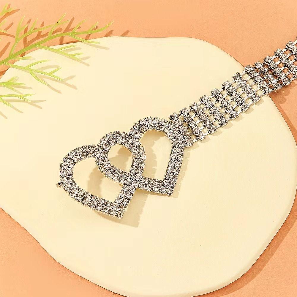 Full Diamond Coverage Rhinestone Chain Belt Double Heart Buckle Waist Chain Belt  For Women