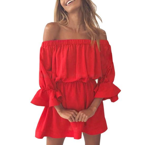 Dámské jednobarevné mini společenské šaty s odhalenými rameny, 3/4 nabíranými rukávy a elastickým pasem