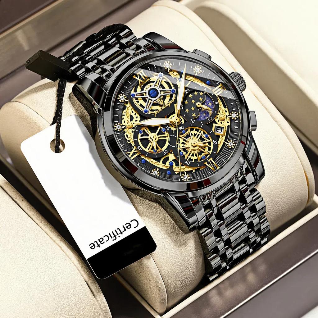 Orologio da polso da uomo di lusso con quadrante intagliata a tre indicatori, impermeabile, luminoso, con calendario, in acciaio inossidabile, fase lunare, al quarzo, adatto per l'uso quotidiano e per il lavoro