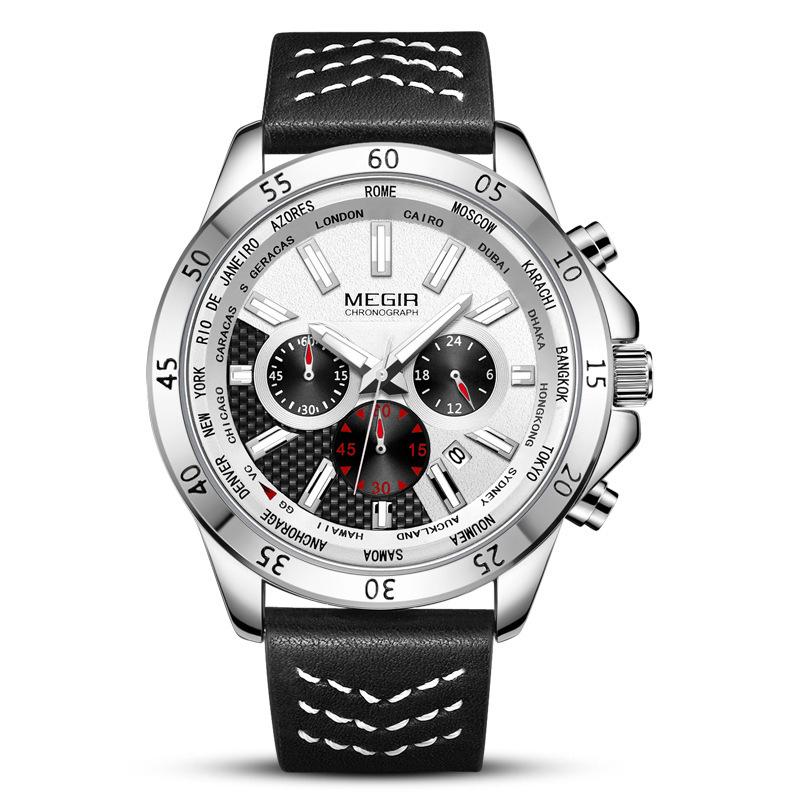 Watch, Fashion Real Three-Eye Large Dial, Leather Sports Men S Watch, Quartz Watch 2103G