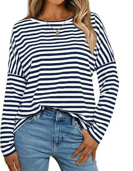 2025 Spring & Fall Women s Striped Color Block Long Sleeve Crew Neck Casual Top XX-Large