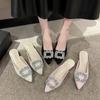 Fashion Women's Summer New Sexy Pointed High Heels Women's Luxury Square Buckle Rhinestone  Designer Banquet  Wedding Mule Shoes Zapatos