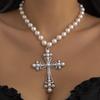 Cyberpunk Style Cross Necklace Dark Exaggerated Slightly Inlaid Imitation Pearl Multi-Layer Stacking Jewelry