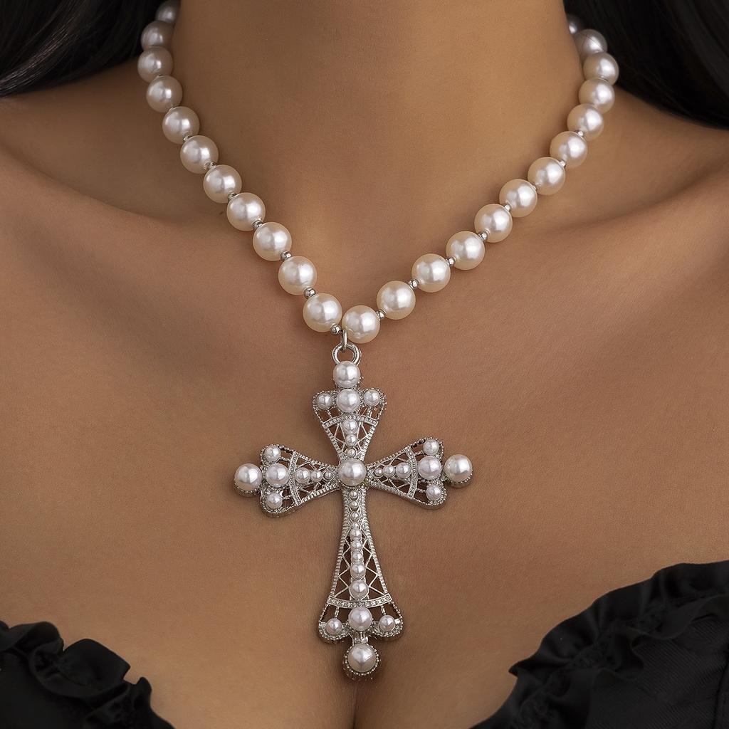 Cyberpunk Style Cross Necklace Dark Exaggerated Slightly Inlaid Imitation Pearl Multi-Layer Stacking Jewelry