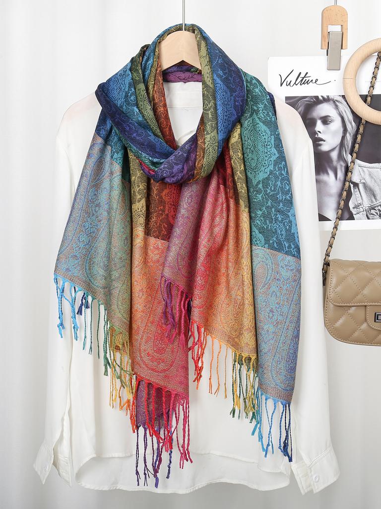 Muslim Fashion Paisley Printed Scarf Women Colourful Cashew Tessles Long Shawl Winter Warmer Polyster Foulard Stoles Muffler