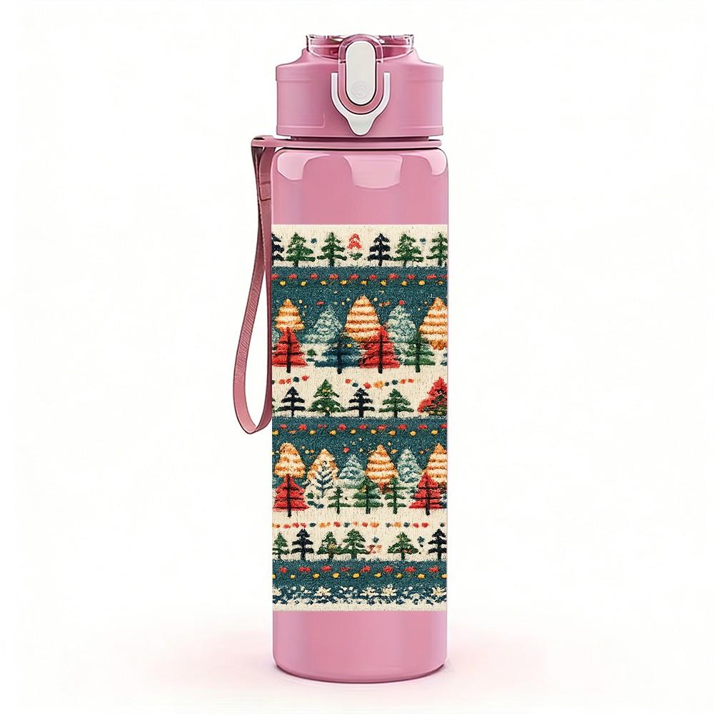 1PC Christmas Tree Seamless Pattern Print 750ml Color Plastic Sports Water Bottle Leakproof Flip Straw Lid Suitable for Sports Office Home Use