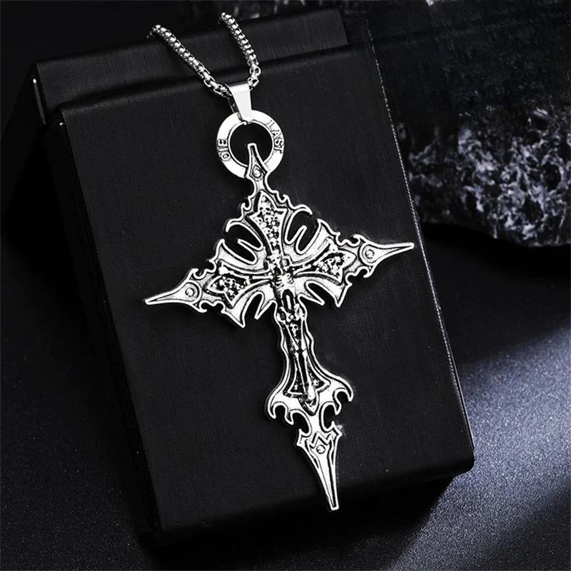 Vintage Gothic Skull Jesus Cross Pendant Necklace Catholic Jewelry Men Woman Punk Religious Amulet Necklace