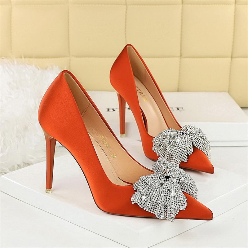 

Elegant Banquet Style Women s High Heels Single Shoes Rhinestone Bows Shallow Mouth High Heels Pointed Toe Thin Heels Super 34