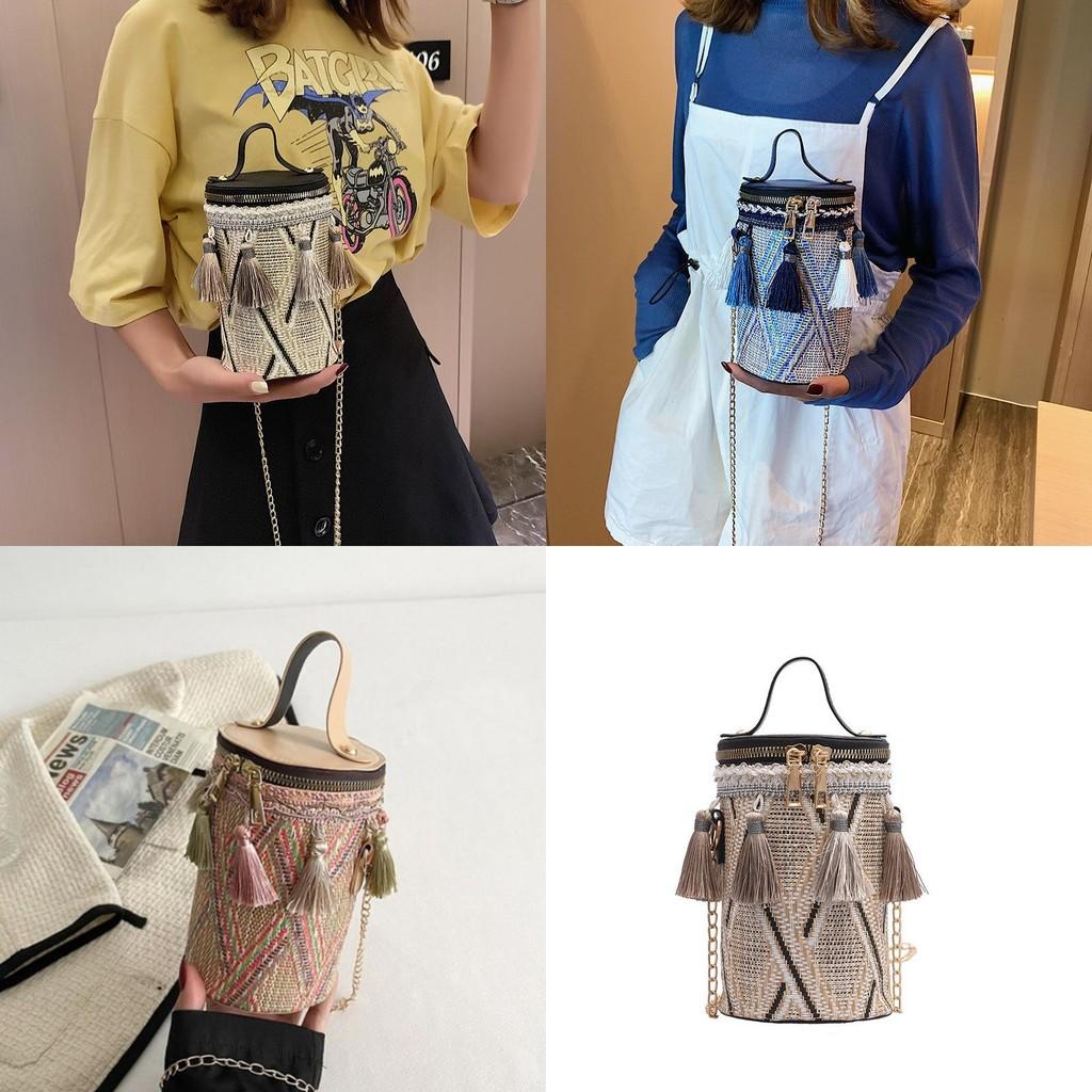 Cultural Style Crossbody Cylinder Bag With Tassels And Single Shoulder Strap For Daily Fashion