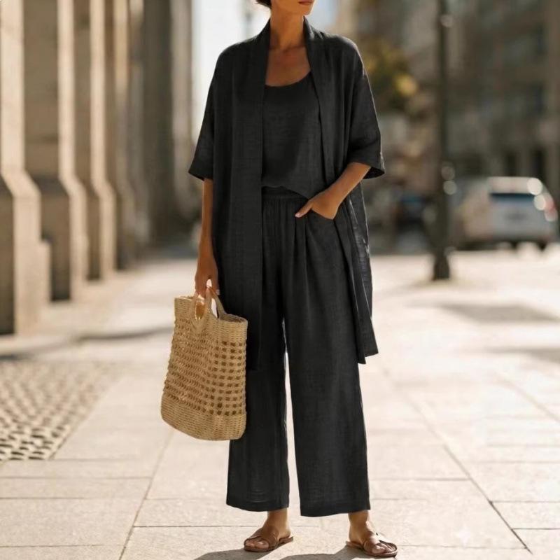 Summer 2026 Euro-American Solid Color Straight-Leg Travel Casual Three-Piece Set