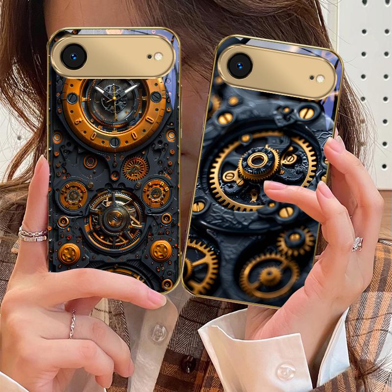 Precision metal gear For IPhone 17Pro Max 16 17 Pro 15 Pro 14 13 Plus 12 Mini 11Pro Max XR 16E 17Air Golden glass phone case