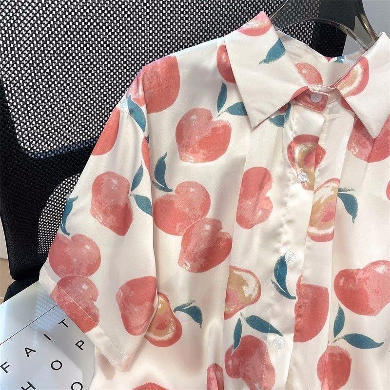 Women's Peach Print Short Sleeve Shirt Thin Casual Versatile Lapel Shirts 2025 Summer Japanese Retro Single Breasted Top