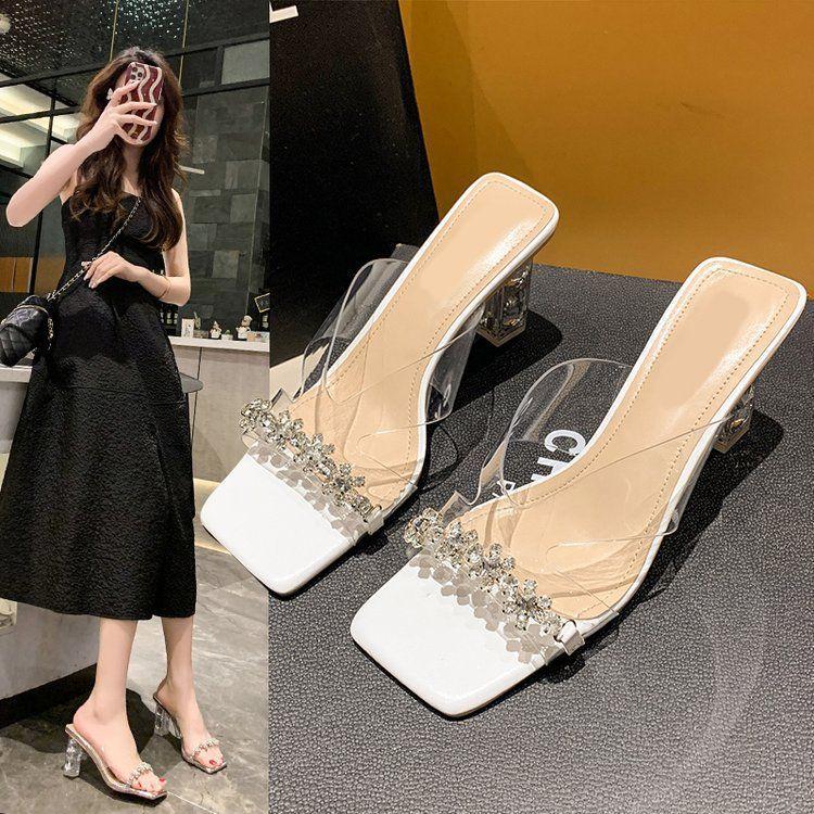 

Transparent sandals women s high heel thick heel square head rhinestone fairy wind 2025 new summer European and American high heels slippers 39