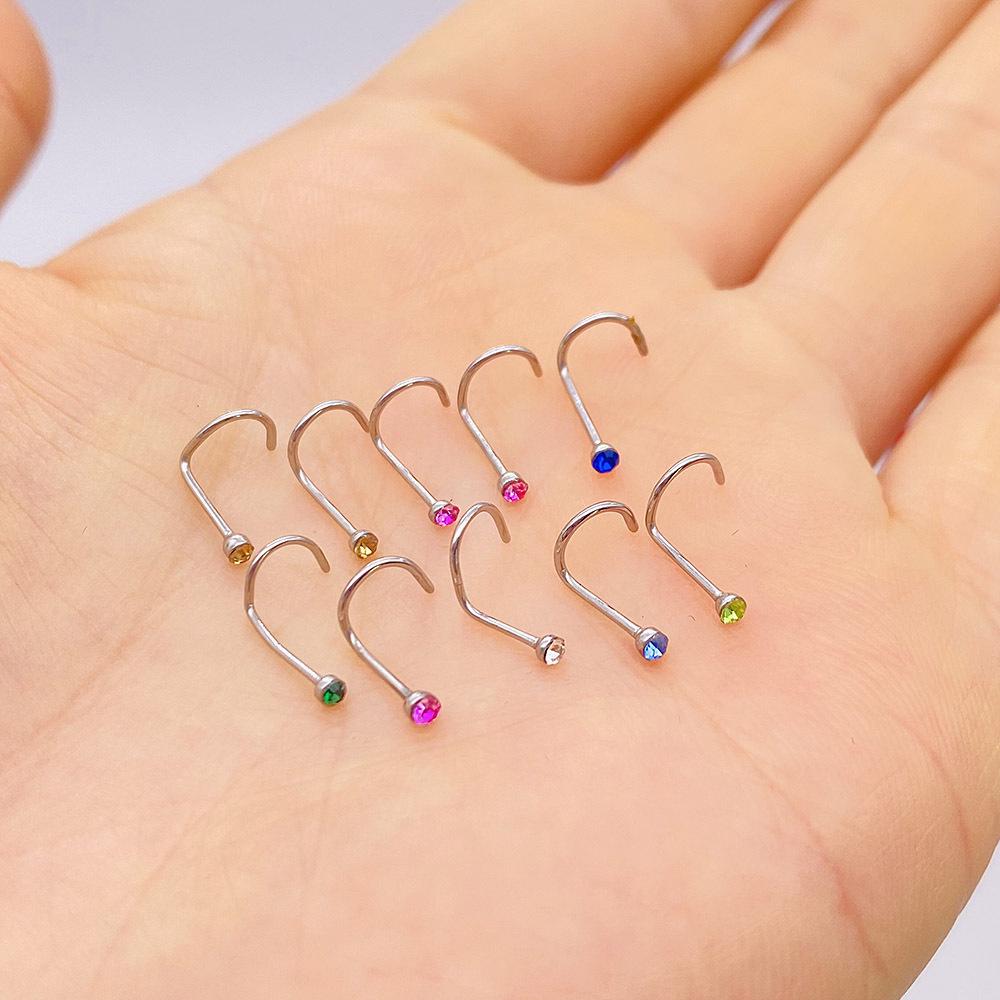 Curved Stainless Steel Rhinestone Nose Studs, L-Shaped Piercing Jewelry, 10-Pack