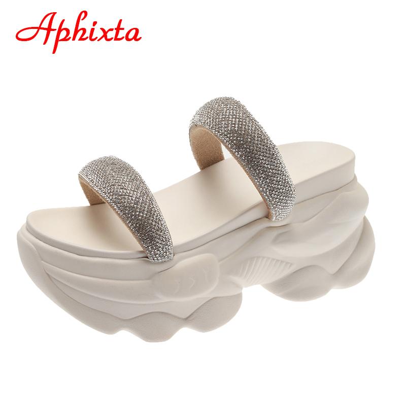 Fashion Aphixta 2025 New Luxury Crystals Summer Thick Sole Slides Simple Platform Women Shoes Green Flip Flops Wedge Heel Beach Slippers