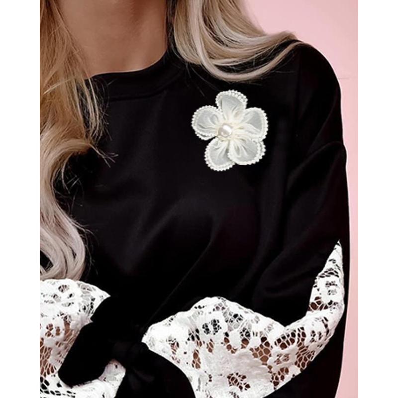 Autumn Splicing Lace Flare Long Sleeve Three Dimensional Flower Lace Up T-shirt High Street Daily Fashion Elegant Women's Top