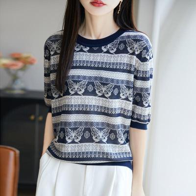 T-shirt lavorata a maglia da donna MODERN NEW SAGA Camicia estiva lavorata a maglia T-shirt a maniche corte Pullover con o-collo Top in maglia