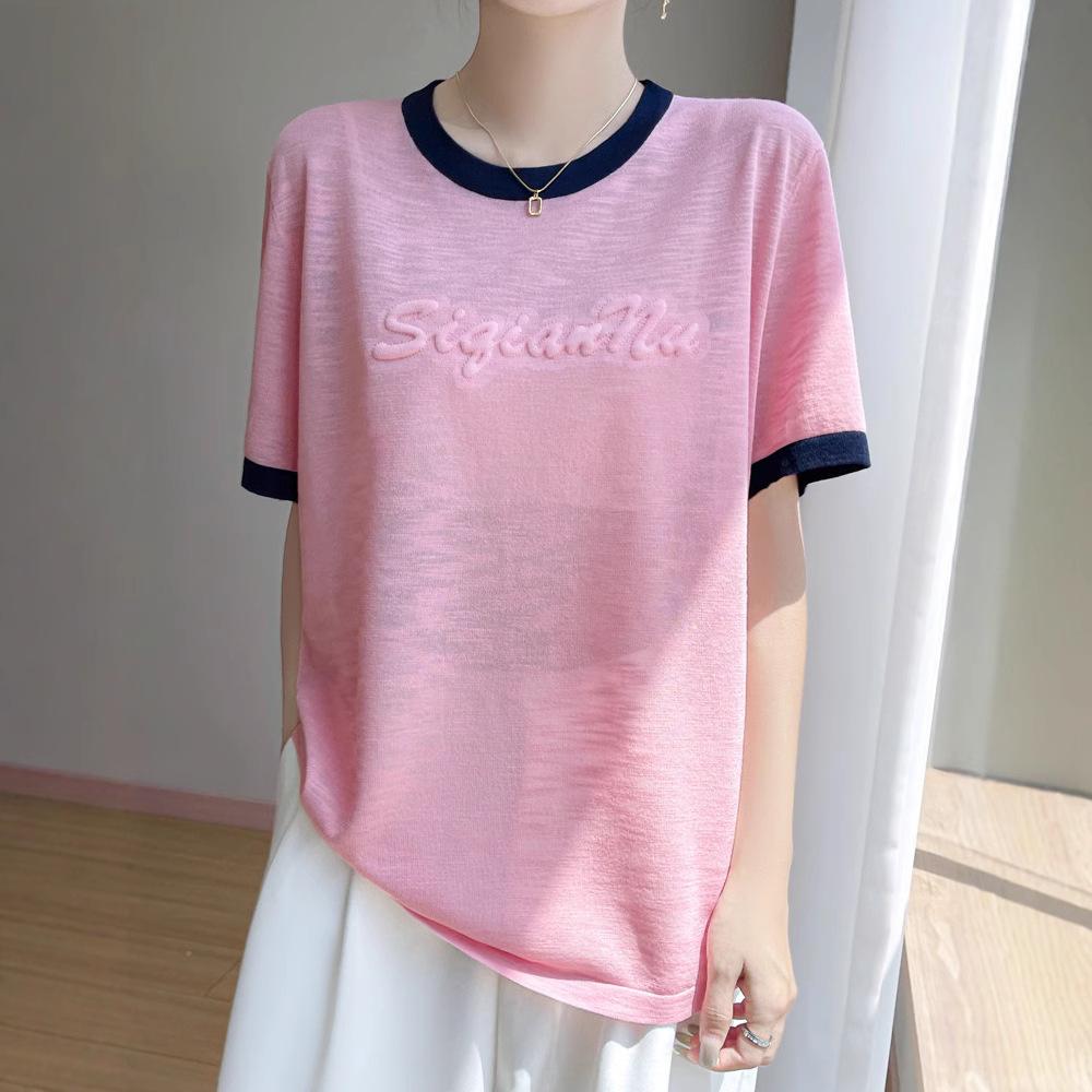 Sommerlicher Strickpullover mit Rundhalsausschnitt, Kurzarm-T-Shirt, Damen, Farbblockdesign, dreidimensionale Buchstaben, dünner Stil