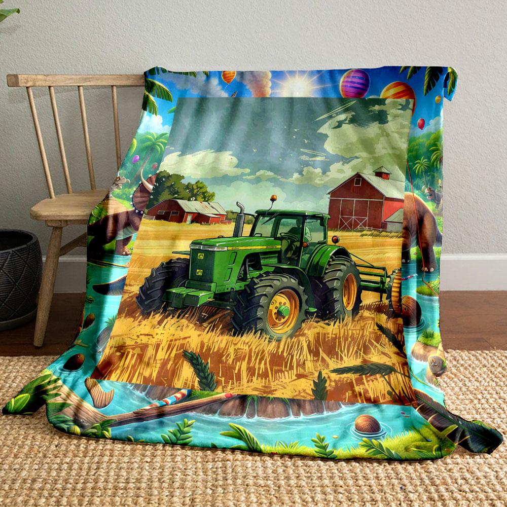 Green Tractor Farm Scene Blanket bedroom Blanket for Livingroom Couch lunch break Soft throw for Friend's festival Gift