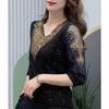 Damen Sommer Frühling Herbst Blusen Hemden Damenmode Halbarm V-Ausschnitt Kragen Pailletten Spitze Stickerei Blusas