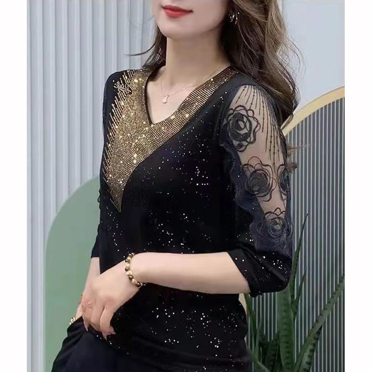 Damen Sommer Frühling Herbst Blusen Hemden Damenmode Halbarm V-Ausschnitt Kragen Pailletten Spitze Stickerei Blusas