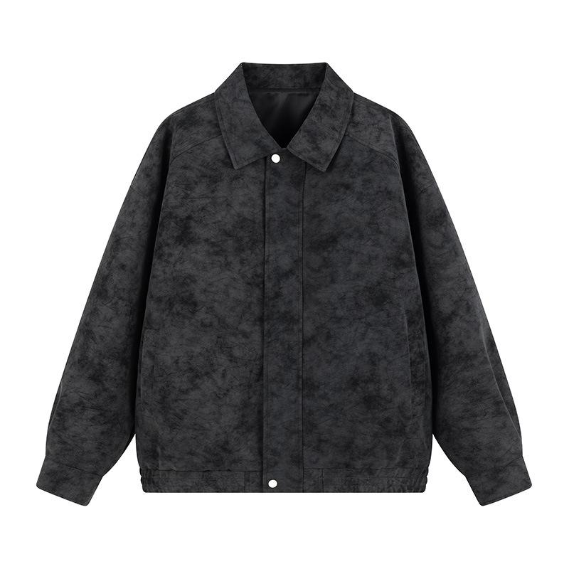 New Autumn Leather Jacket Retro American Jacket Buckle Stand Collar Tie-dye Men