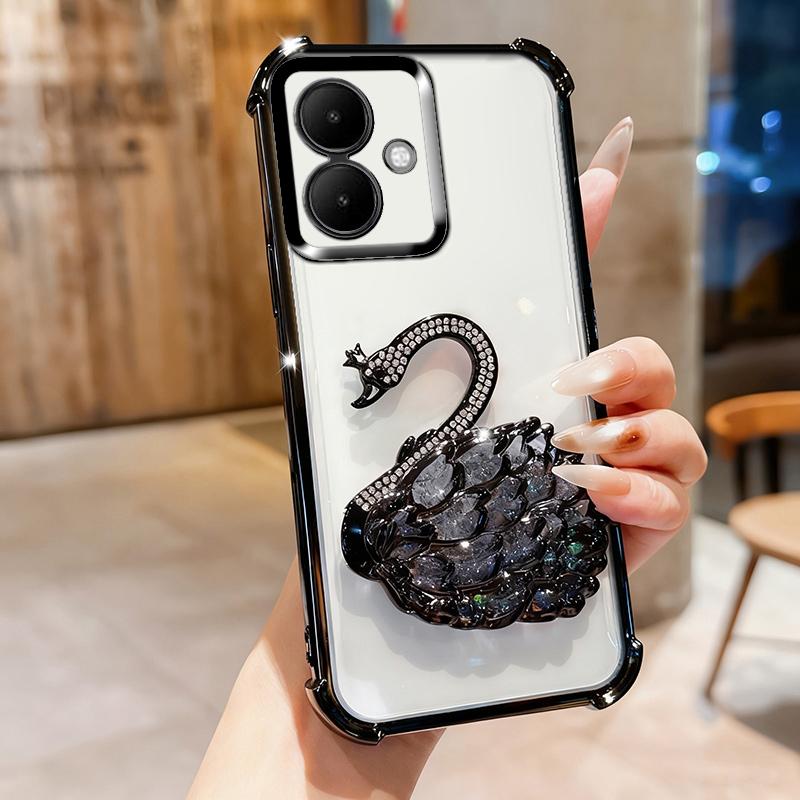 KEYSION Shockproof Plating TPU Phone Case for TECNO Spark Go 2 Pop 10 Glitter Jewelled Swan Kickstand Cover for Infinix Smart 10