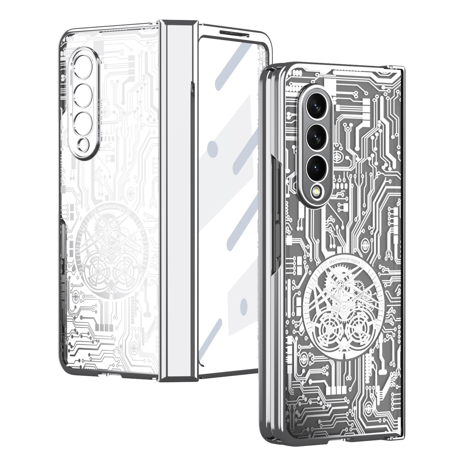 

Folding Phone Case for Samsung Galaxy Z Fold3 5G Mechanical Legend Series Electroplating PC Shell with Tempered Glass Film Silver