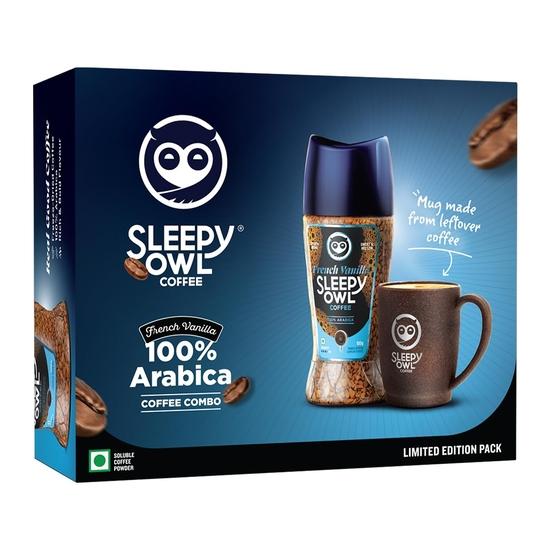 Sleepy Owl French Vanilla Coffee Gift Set | 100% Arabica Instant Coffee (100g) with Sustainable Coffee Mug | Includes Coffee with Mug