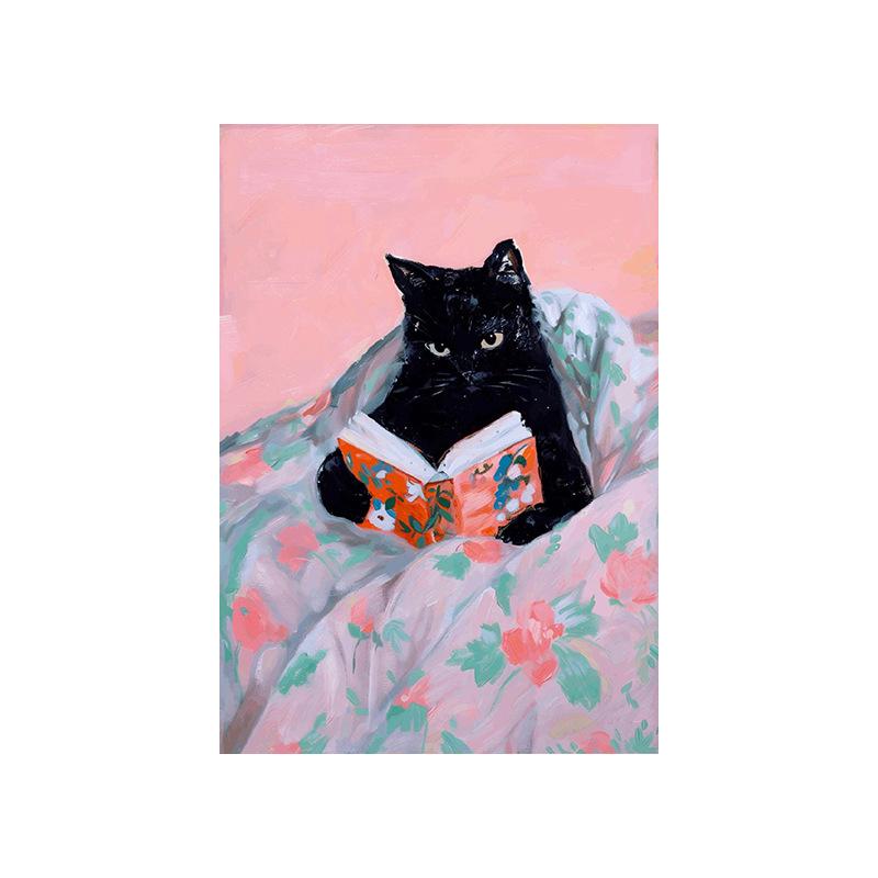 Funny Tabby Cat Reading Books Art Poster Vintage Cute Animals Wall Canvas Painting Book Lover Pet Gift Decoration Pictures Print