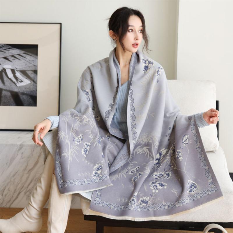 Literary imitation cashmere scarf women's autumn and winter new bamboo field flower jacquard shawl versatile simple warm scarf