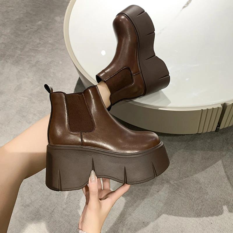 8CM Heels Winter Women Leather Chunky Ankle Boots Autumn High Platform Boots Woman Thick Bottom Non Slip Motorcycle Booties