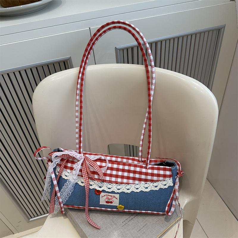 

Versatile Lace Bow Plaid Women Shoulder Bags Casual College Girls Denim Underarm Bag Large Capacity Female Square Handbags Tote красный