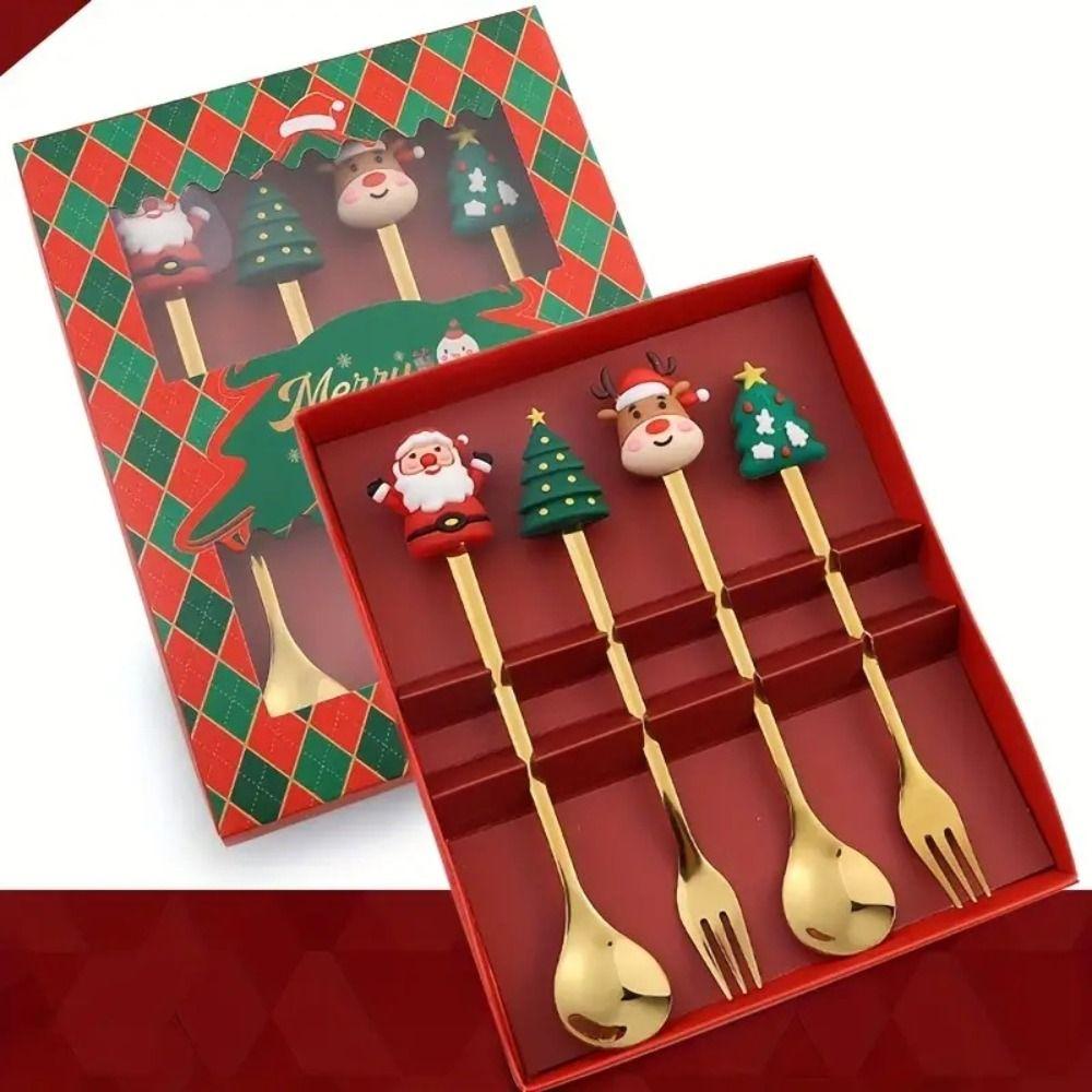 Mirror Polished Stainless Steel Spoon Set Tree/Star/Santa Motifs Mini Dessert Spoons  New Year