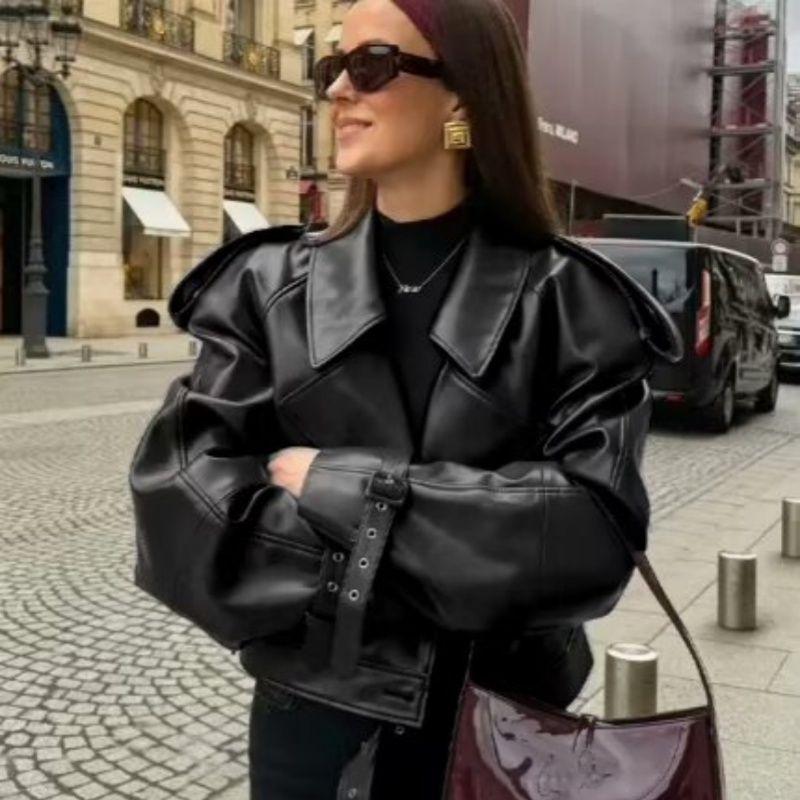 Ankela Red Fall and Winter Sexy Retro Short Leather Jacket