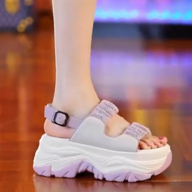 Women's Platform Sandals Summer New Style Round Head Sequin Soft Waterproof Platform Soles Non-slip Heels