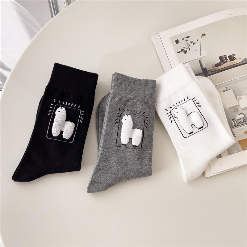 Socks women's spring and autumn tube socks cute cartoon black and white gray alpaca women's socks versatile college style stockings