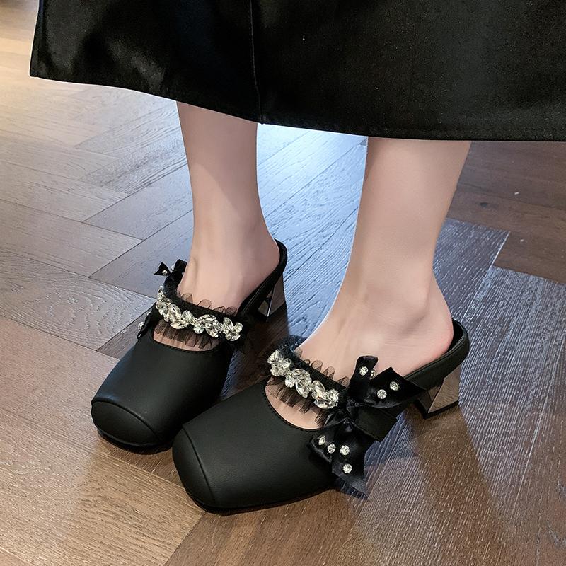

Мода 2025 Весна Новые Туфли-лодочки с квадратным носком и неглубоким вырезом, с хрустальной пряжкой-бантом, на мягкой подошве, нескользящие, с закрытым носком, на низком каблуке 35 чёрный
