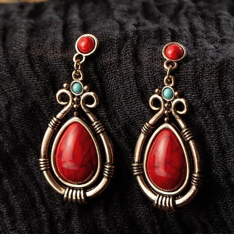 1pair Fashion Vintage Natural Red Stone Turquoise Water Drop Shaped Dangle Earrings for Women, Holiday Banquet Jewelry Gift