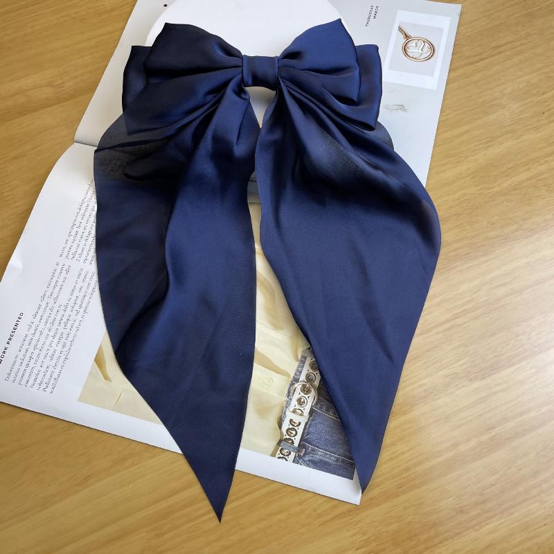 Korean Accessories Hair Clips For Women Girls Big Bowknot Solid Satin Long Ribbon Bows Spring Clamp Barette Cheveux Femme 2026 тёмно-синий