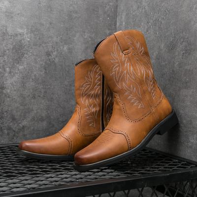 Slip On Male High Top Footwear Vintage Style Men's Mid Calf Western Boots Non-Slip Travel Cowboy Boots Versatile Walking Shoes