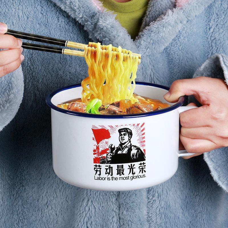 Enamel instant noodle bowl with lid soup bowl retro old style large capacity instant noodle bowl rice bowl porcelain enamel bowl