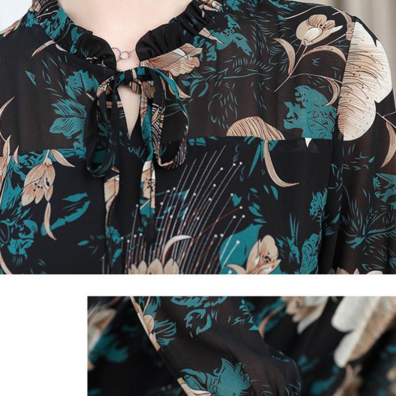 Damen Frühling Sommer und Herbst Vier Jahreszeiten Modelle Slim Dünn Temperament Rüschenkragen Chiffon Druckkleid Langarmkleider