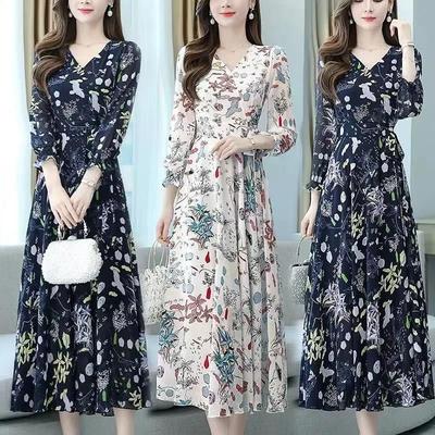 Herbst Neues Damen Langarm Blumenkleid Elegant Schlanke Passform Langer A-Linien Schwingender Rock