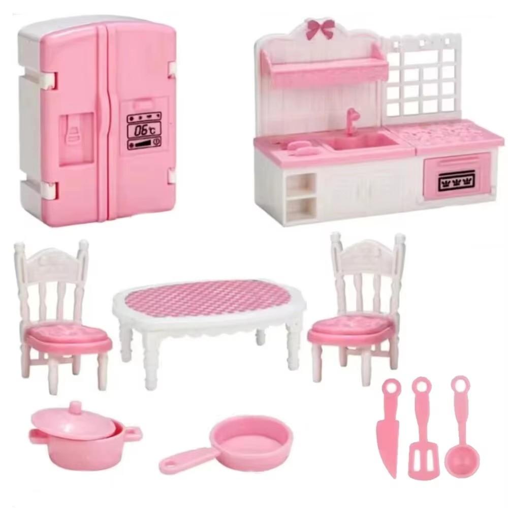 Pink Miniature Dollhouse Furniture Accessories Set Mini House Furniture Room Collection with Bedroom Living Room Kitchen Bathrom