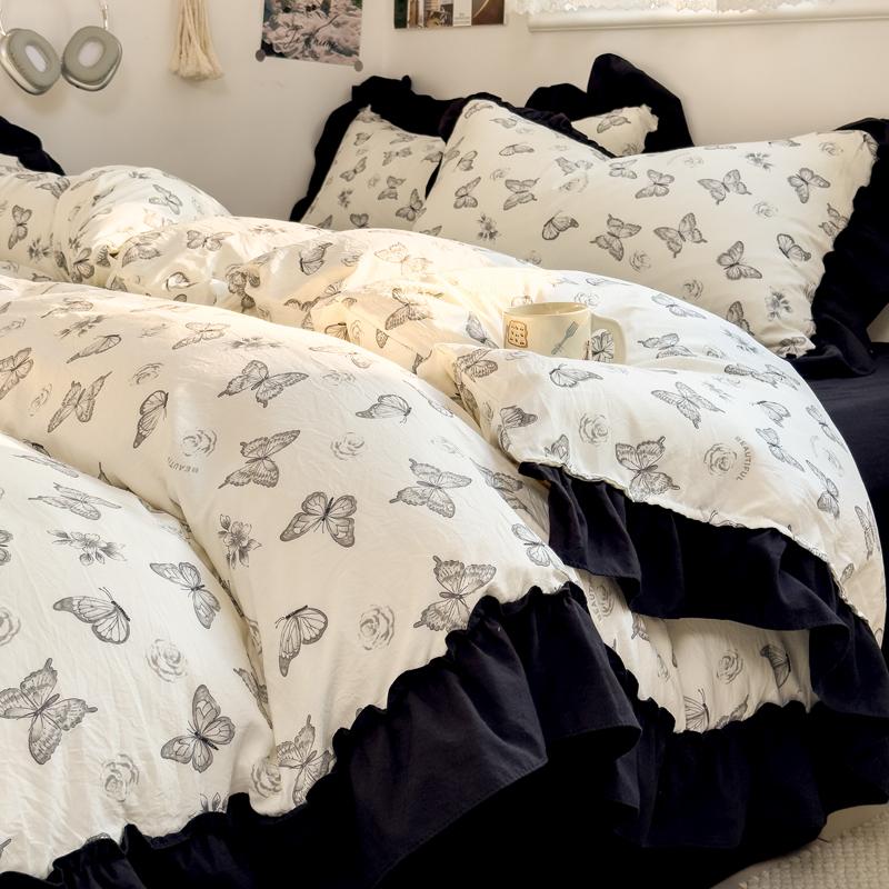 INS French Style Bedding Sets Ruffle Ink Wash Flower Romantic Bed Sheet Sets Woman Girls Bedroom Duvet Cover Set 4pcs