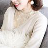 Mesh Lace Bottomed Blouse Hollow Lace Floral  Shirts Elegant Transparent T-shirt  Spring Autumn