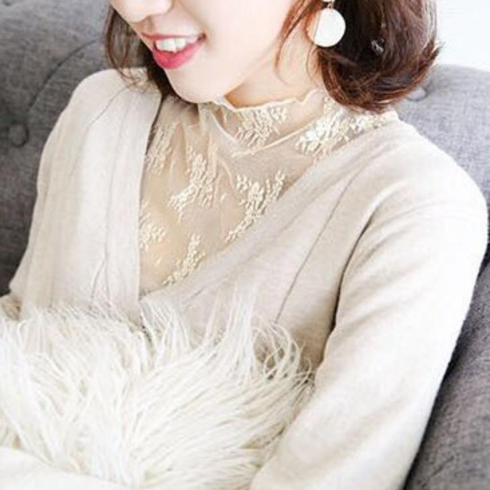 Mesh Lace Bottomed Blouse Hollow Lace Floral Shirts Elegant Transparent T-shirt Spring Autumn